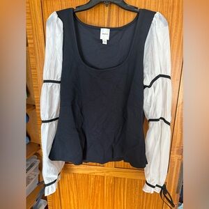 Maeve Black and White Blouse with Sheer Sleeves